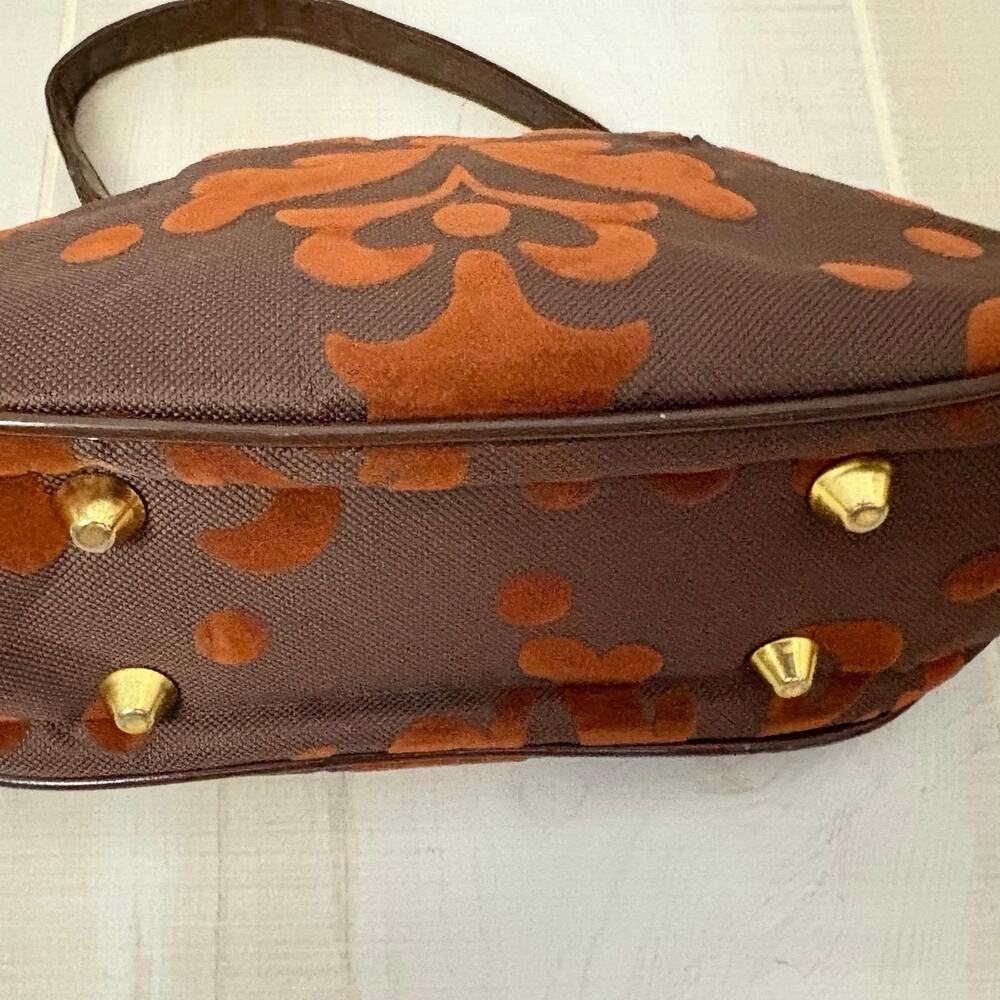 Murval Brown Velvet Flocked Handbag Purse Gold Kiss Lock Frame Retro 10”x 6”x 4” - Picture 6 of 6